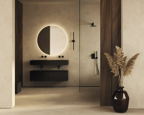 Moderne badkamer met wastafel, spiegel met verlichting en douche.