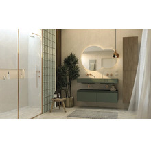 Lichte badkamer met douche, wastafel met spiegel en decoraties