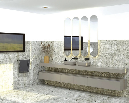 Badkamer met wastafels, spiegels, handdoekrek en decoratie