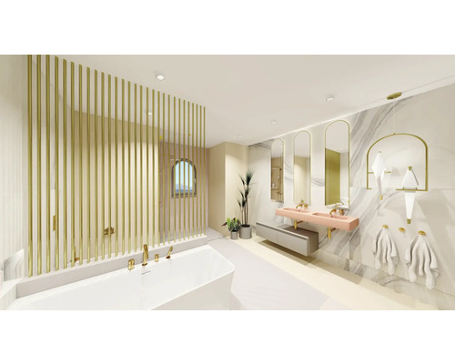 Lichte badkamer met bad, wastafel, spiegels en gouden accenten