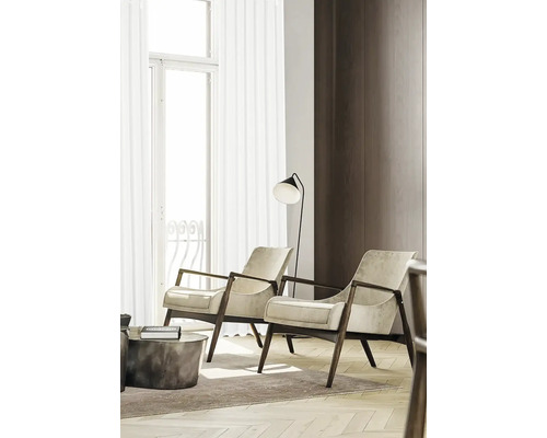 Woonkamer met twee fauteuils, staande lamp en bijzettafel op een vloerkleed