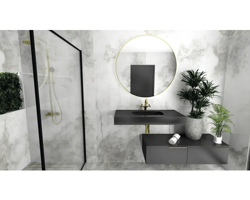 Badkamer met douche, wastafel, spiegel en planten