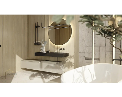 Badkamer met ronde spiegel, wastafelonderkast en bad