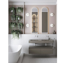 Moderne badkamer met dubbele wastafel, spiegels en planten