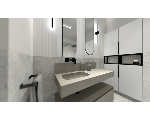 Badkamer met wastafel, spiegel en opbergruimte