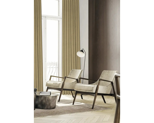 Woonkamer met twee fauteuils, een staande lamp en gordijnen voor een heldere, georganiseerde sfeer.