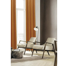 Woonkamer met twee fauteuils, een vloerlamp en gordijnen voor het raam.