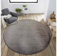 Woonkamer met rond tapijt, fauteuil en houten vloer.