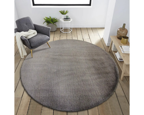 Woonkamer met rond tapijt, fauteuil en houten vloer.