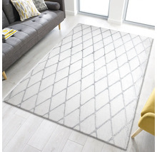 Wit vloerkleed met ruitpatroon op een lichte houten vloer, met een bank en fauteuil op de achtergrond.