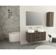 Moderne badkamer met dubbele wastafel, spiegel, hangkast en ligbad.
