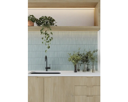 Keukenopstelling met wastafel, kraan, betegelde muur en planten