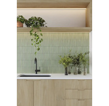 Keukenscène met gootsteen, kraan, werkblad, groene tegelachterwand en kamerplanten