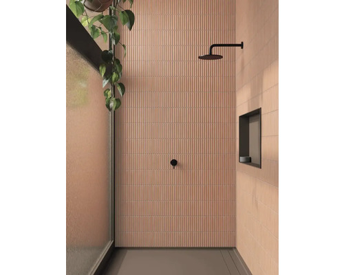 Badkamer met betegelde wanden, douche en plant