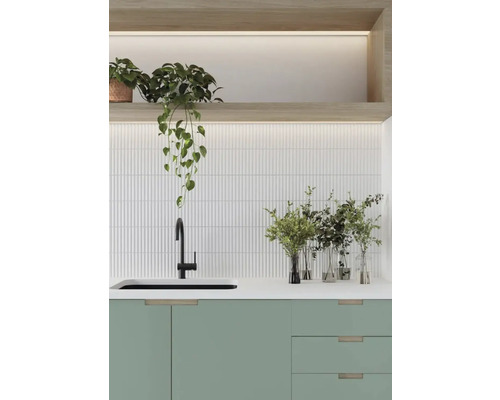 Lichte keuken met groene kasten, gootsteen, kraan en planten