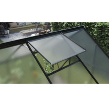 Detailopname van een kas met een open raam voor ventilatie.