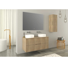 Moderne badkamer met wastafel, spiegel, waskommen en hoge kast