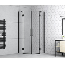Hoekdouche met draaideur en zwart frame in moderne badkamer