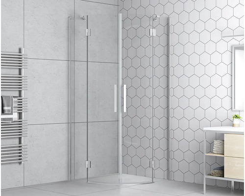 Badkamer met hoekdouche, wastafel en handdoekradiator