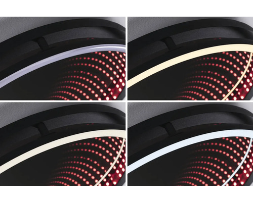 Close-up van een wandlamp met verschillende lichtkleuren en spiegeleffect