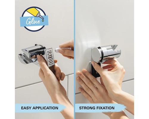 Douchekop houder wordt met lijm aan de muur bevestigd