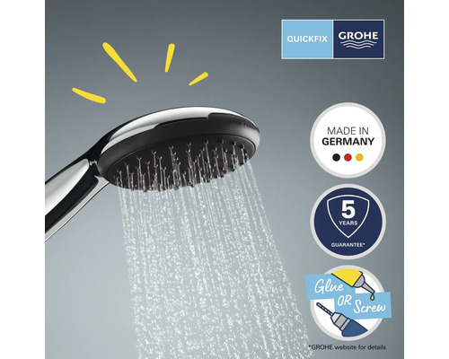 Douchekop met waterstraal, Grohe Quickfix Logo, Grohe Logo, Geproduceerd in Duitsland zegel, 5 jaar garantie zegel, Lijmen of schroeven symbool