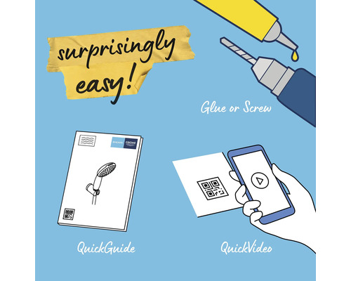 Geïllustreerde montagehandleiding met lijm, schroef, QR-code en video-instructie