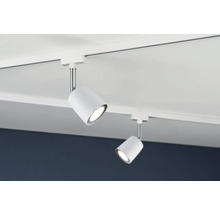 Twee witte LED-spots aan een rail aan het plafond.