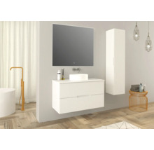 Moderne badkamer met wastafelonderkast, spiegel, hoge kast en decoratie