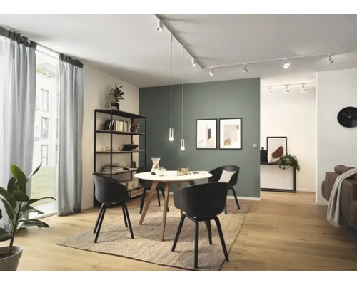 Woonkamer met eettafel, stoelen en rekkensysteem