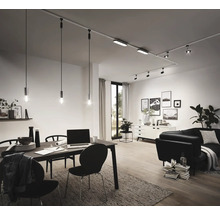 Woonkamer met eettafel, bank en verlichting door een railsysteem met spots en hanglampen