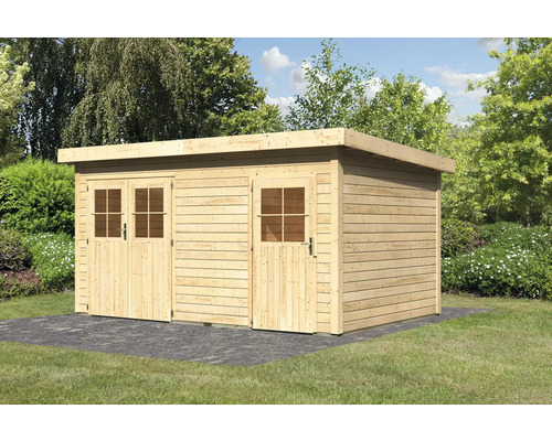 Houten tuinhuis met dubbele deur en enkele deur