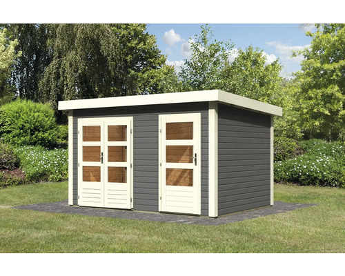 Houten tuinhuis met dubbele deur en enkele deur