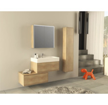 Moderne badkamer met wastafel, spiegelkast en kolomkast in houtlook