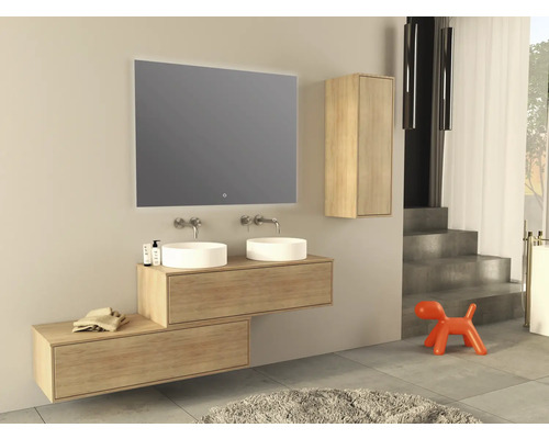 Moderne badkamer met dubbele wastafel, spiegel en hoge kast.