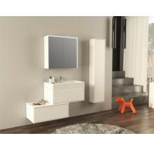 Moderne badkamer met wastafel, spiegelkast, hoge kast en oranje decoratie