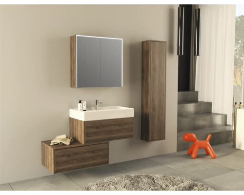 Moderne badkamer met wastafel, spiegelkast, kolomkast en decoratie