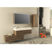 Moderne badkamer met wastafel, spiegelkast en hoge kast in houtlook