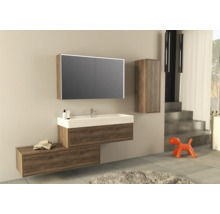 Badkamer met wastafel, spiegelkast, hangkast en oranje decoratief figuur