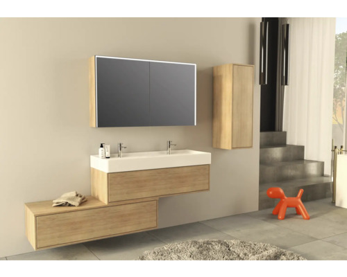 Badkamer met wastafel, spiegelkast, hoge kast en decoratief hondfiguur