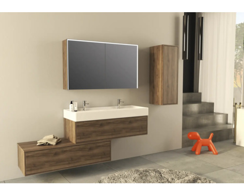 Badkamer met wastafel, spiegelkast, hangkast en oranje hondfiguur