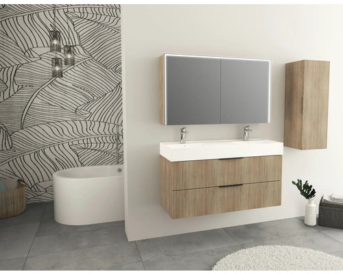 Moderne badkamer met wastafelonderkast, spiegelkast, hoge kast, bad en decoratie