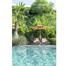 Scene met zwembad, ligstoelen en parasol in de tuin