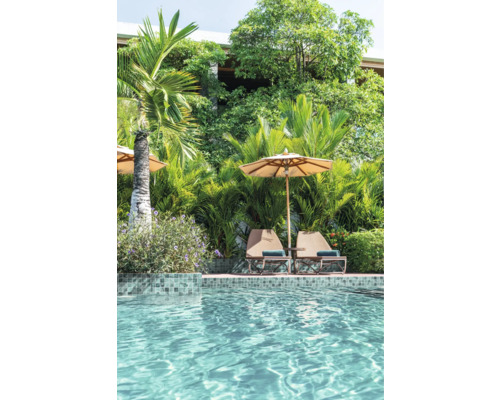 Scene met zwembad, ligstoelen en parasol in de tuin