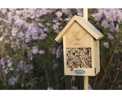 Houten insectenhotel met nestgelegenheid voor wilde bijen