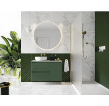 Moderne badkamer met groene wastafelonderkast, ronde spiegel en douche