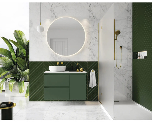 Moderne badkamer met groene wastafelonderkast, ronde spiegel en douche