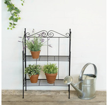 Decoratieve metalen plantentrap met drie niveaus, beplant met kruiden en bloemen, inclusief een gieter.