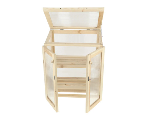 Houten plantenbak op poten met twee planken en opklapbaar deksel