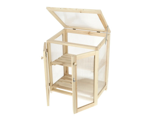 Kleine houten kas met twee planken en een klep